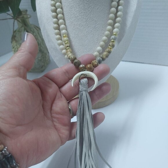 2/$30 Horn Crescent Moon Pendant Natural Jasper Gemstone Beads Necklace 36" Boho - Picture 4 of 7